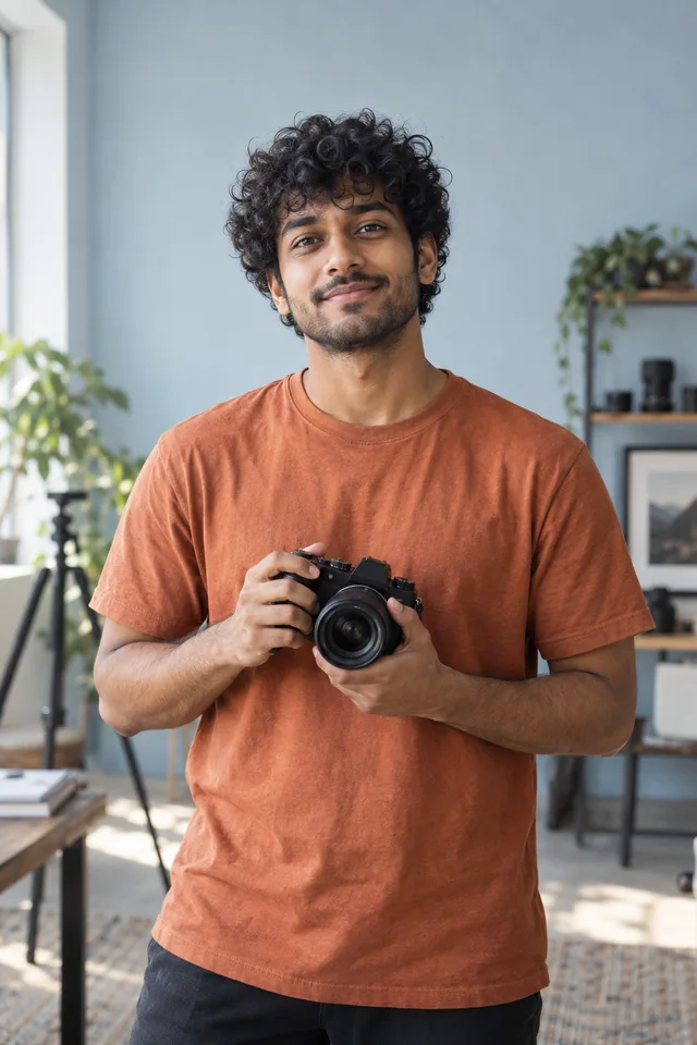 A creator holding his camera in a bright studio